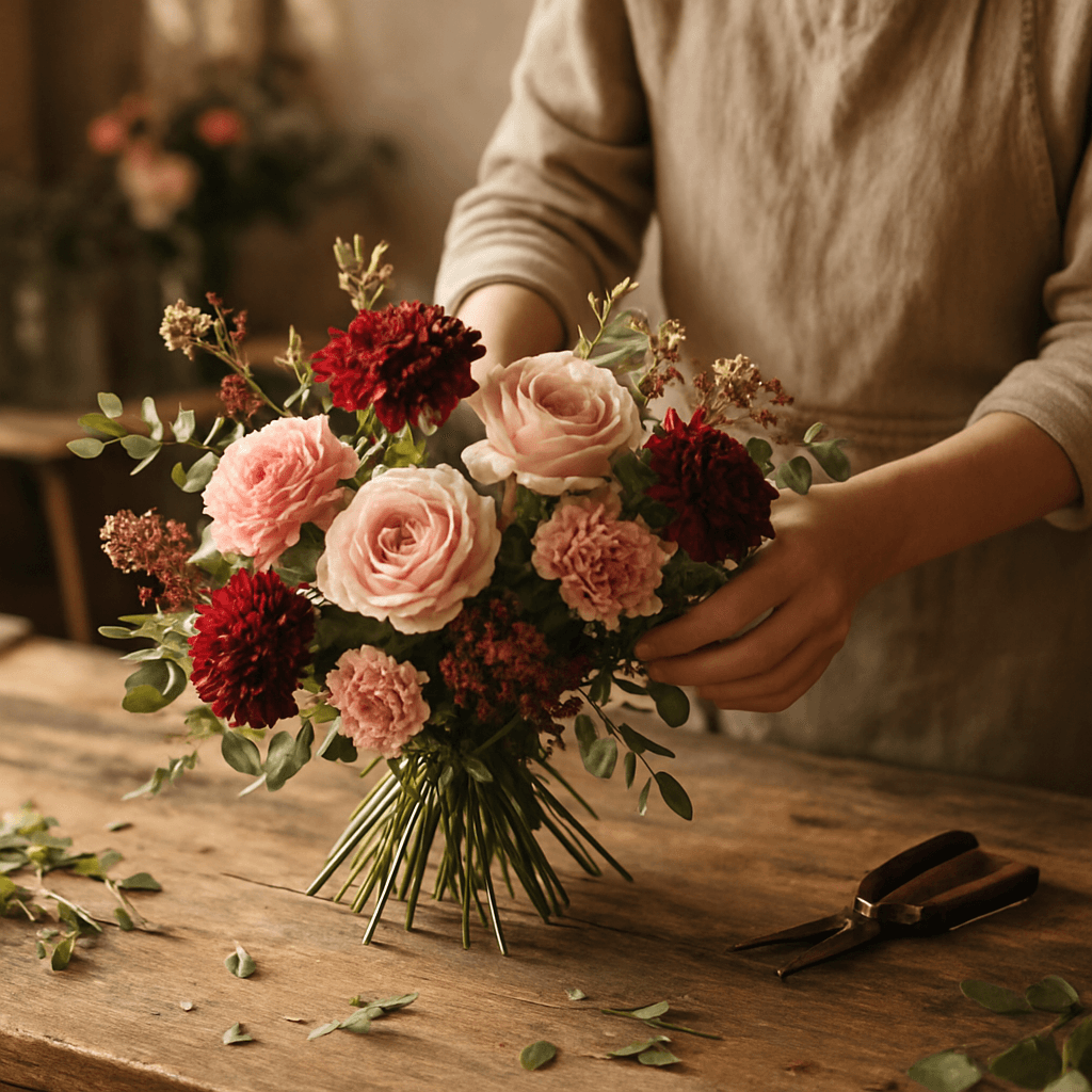 Florista montando um arranjo no ateliê